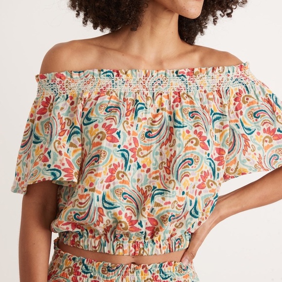 [Marine Layer] NWOT Nora Smocked Multi Paisley Cotton Crop Top XS - Picture 2 of 10